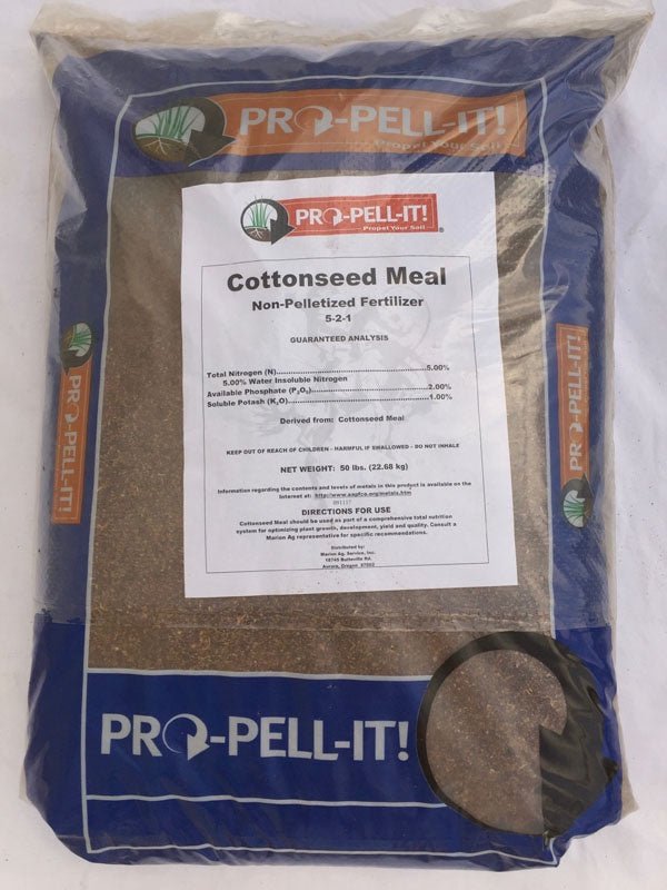 A fifty-pound bag of Pro-Pell-It Cottonseed Meal 5-2-1 fertilizer.