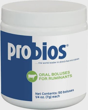 A white plastic jar of Probios oral boluses for ruminants containing 50 count of 7g boluses.