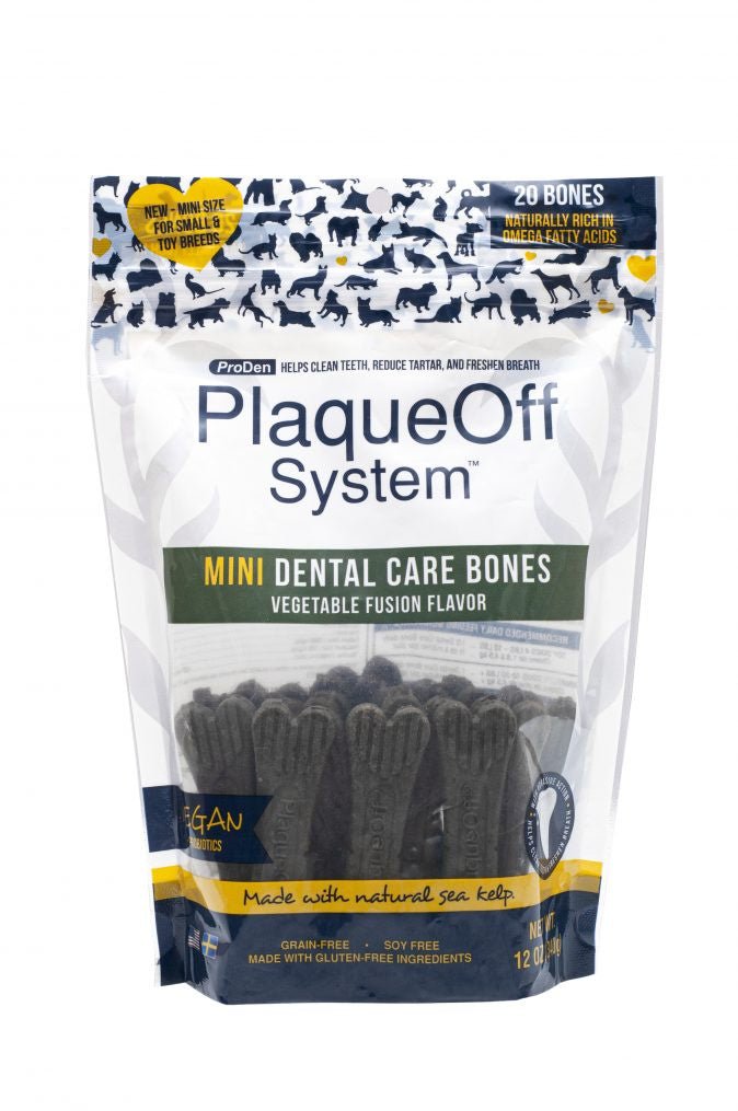 A bag of ProDen PlaqueOff System mini dental care bones for small and toy dog breeds.