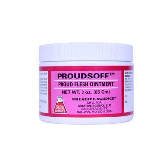 A 3 oz jar of Proudsoff proud flesh ointment with a pink label and white lid.