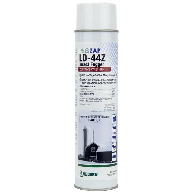 A 20-ounce aerosol can of Prozap LD-44Z insect fogger with a white and blue label.