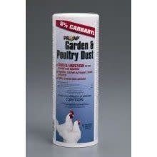 A white shaker container of Prozap Garden and Poultry Dust featuring an image of two chickens.