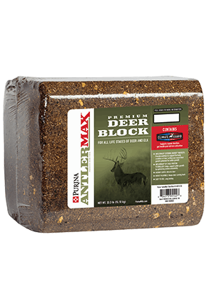 A 33.3-pound Purina AntlerMax deer block wrapped in clear plastic.