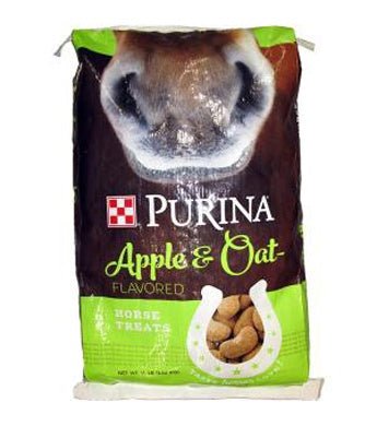 A bag of Purina Apple and Oat flavored horse treats featuring a horse nose graphic.