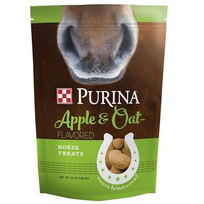 A 3.5-pound bag of Purina Apple and Oat flavored horse treats featuring a horse nose graphic.