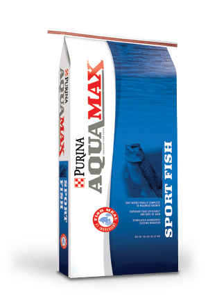 A 50-pound bag of Purina Aquamax Sport Fish 500 feed featuring a largemouth bass image.