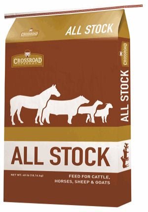A 40-pound bag of Crossroad Feeds All Stock feed for cattle, horses, sheep, and goats.