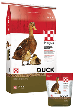 A large 40-pound bag and a smaller bag of Purina Duck Pellets featuring images of ducks.