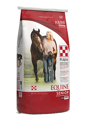A 50-pound bag of Purina Equine Senior horse feed featuring a woman standing with a horse.