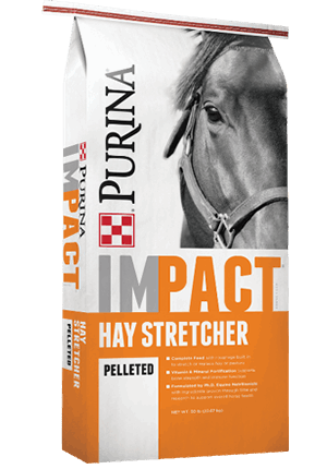 A fifty-pound bag of Purina Impact Hay Stretcher pelleted horse feed.