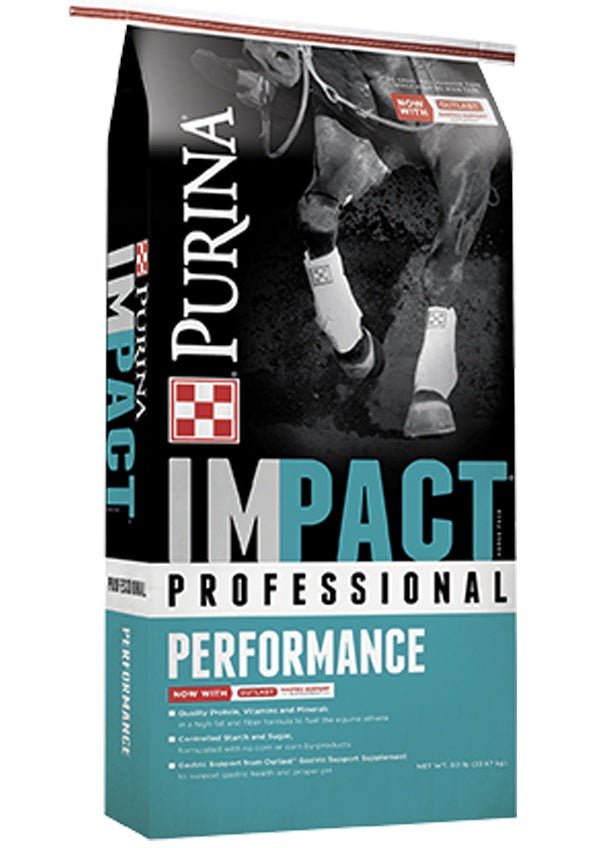 A 50-pound bag of Purina Impact Professional Performance horse feed.