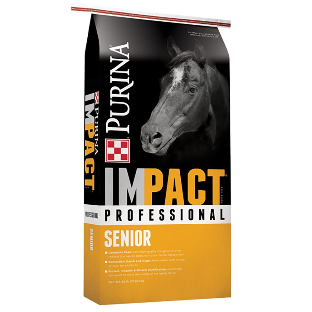 A 50-pound bag of Purina Impact Professional Senior horse feed with a horse image on the front.