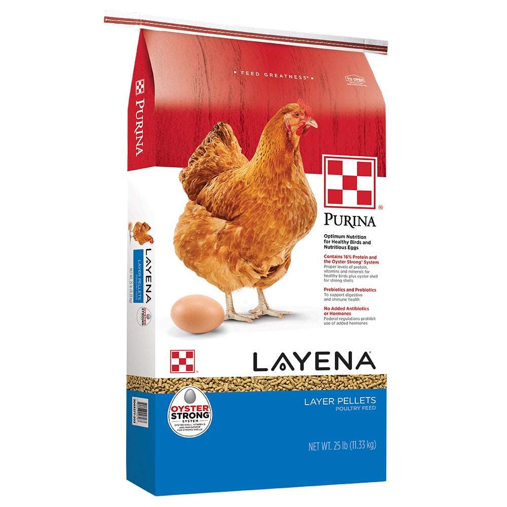 A 25-pound bag of Purina Layena layer pellets featuring a chicken and an egg on the front.