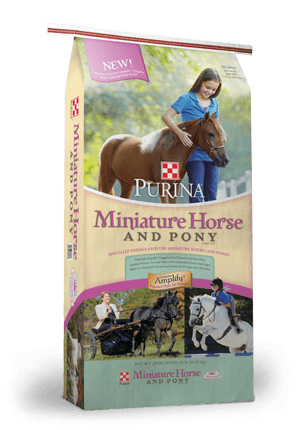 A bag of Purina Miniature Horse and Pony feed featuring images of horses and their owners.
