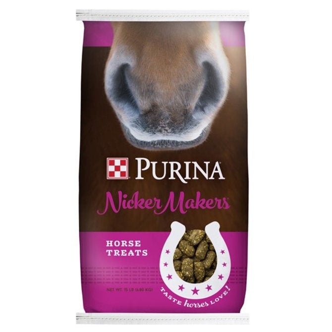 A 15-pound bag of Purina Nicker Makers horse treats featuring a horse nose on the packaging.