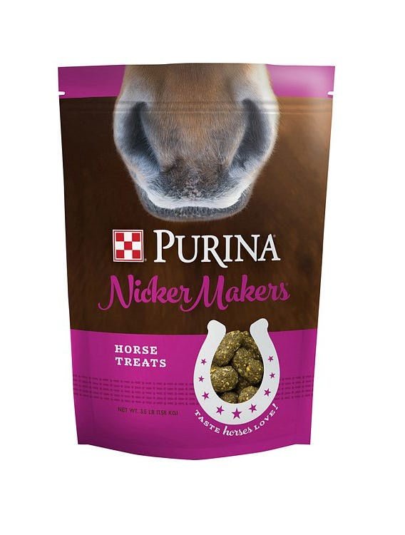 A bag of Purina Nicker Makers horse treats featuring a horse nose graphic on the front.