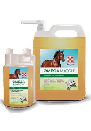 Two containers of Purina Omega Match Ahiflower Oil Supplement in different sizes.