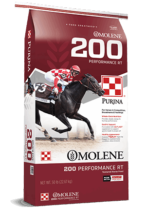 A fifty-pound bag of Purina Omolene 200 Performance horse feed featuring a racehorse graphic.
