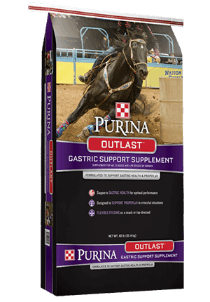 A 40-pound bag of Purina Outlast Gastric Support supplement featuring a horse in a barrel race.