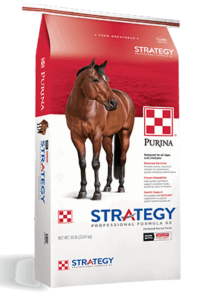 A 50-pound bag of Purina Strategy Professional Formula GX pelleted horse feed.