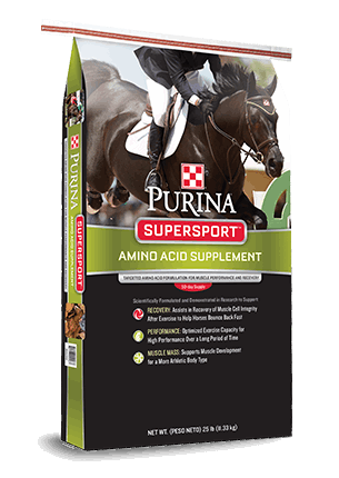 A 25-pound bag of Purina Supersport amino acid supplement for horses.