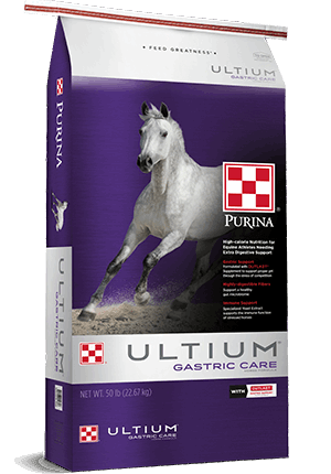 A fifty-pound bag of Purina Ultium Gastric Care horse feed featuring a white horse on the front.
