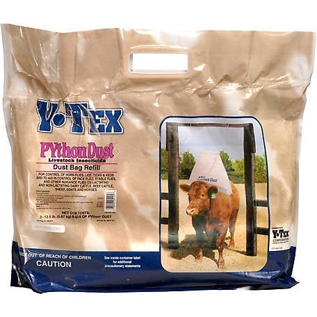 A two-pack of Y-Tex Python Dust livestock insecticide refill bags featuring a cow using a dust bag.