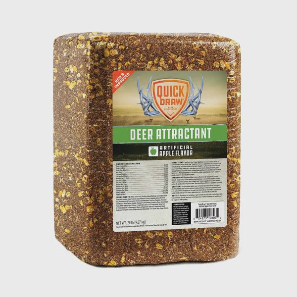 A twenty-pound block of Quick Draw apple-flavored deer attractant in plastic packaging.
