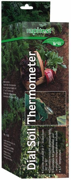 A Rapitest dial soil thermometer in its retail packaging featuring a garden scene.