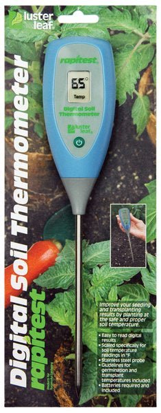 A Rapitest digital soil thermometer with a blue handle and a long stainless steel probe.
