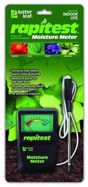 A Rapitest moisture meter with a digital display and a long metal probe on a white cord.