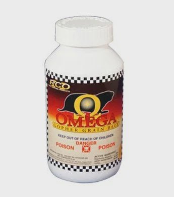 A white plastic bottle of RCO Omega Gopher Bait with a black and red label.