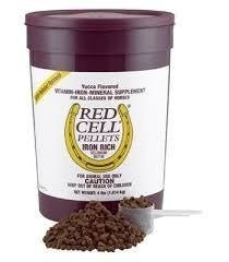 A four-pound container of Red Cell horse supplement pellets with a small measuring scoop.
