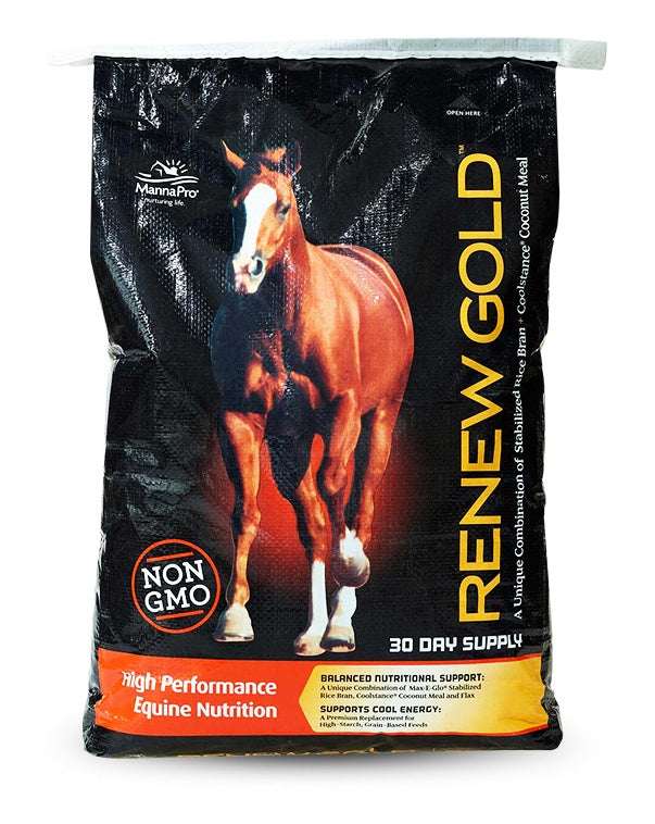 A bag of Manna Pro Renew Gold horse feed featuring a picture of a horse on the front.