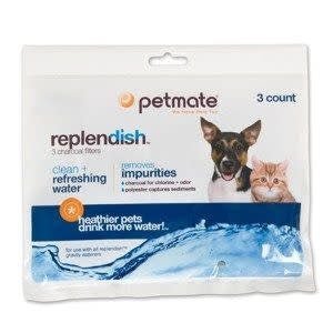 A three-pack of Petmate Replendish charcoal water filters for pet gravity waterers.