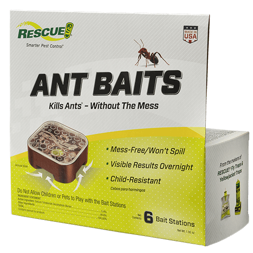 A six pack of Rescue ant bait stations in a cardboard box.