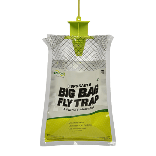 A disposable Rescue brand fly trap bag with a green plastic cap hanging from a string.