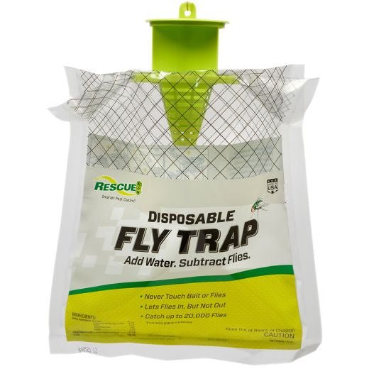 A disposable fly trap with a green plastic top and a clear bag for water and bait.