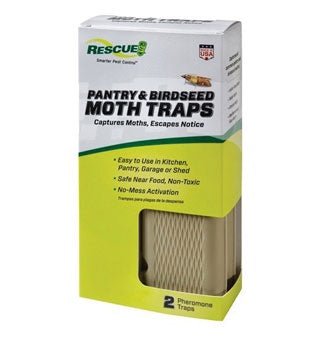 A box of two Rescue pantry and birdseed moth traps with a beige plastic trap visible.