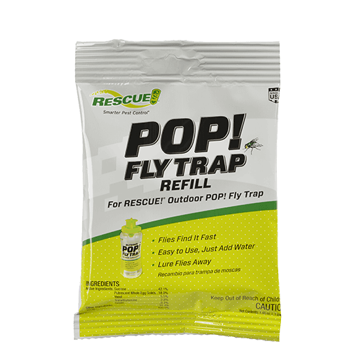 A white and yellow packet of Rescue Pop Fly Trap attractant refill.