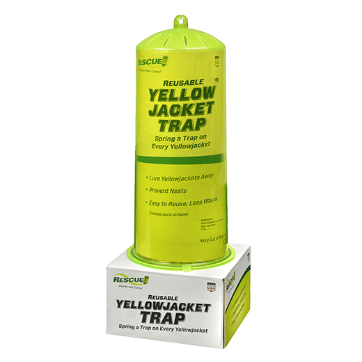A yellow, cylindrical, reusable yellow jacket trap sitting on its cardboard packaging.