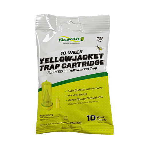 A Rescue yellow jacket attractant 10-week cartridge in its white and yellow packaging.