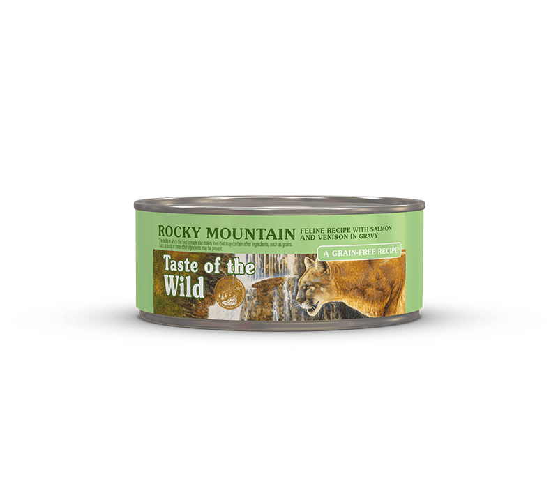 A 5.5oz can of Taste of the Wild Rocky Mountain feline recipe with salmon and venison in gravy.