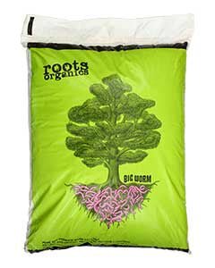 A bag of Roots Organics Big Worm worm castings featuring a tree graphic with worm roots.