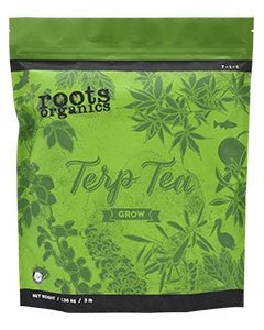 A bag of Roots Organics Terp Tea Grow fertilizer with green botanical illustrations.