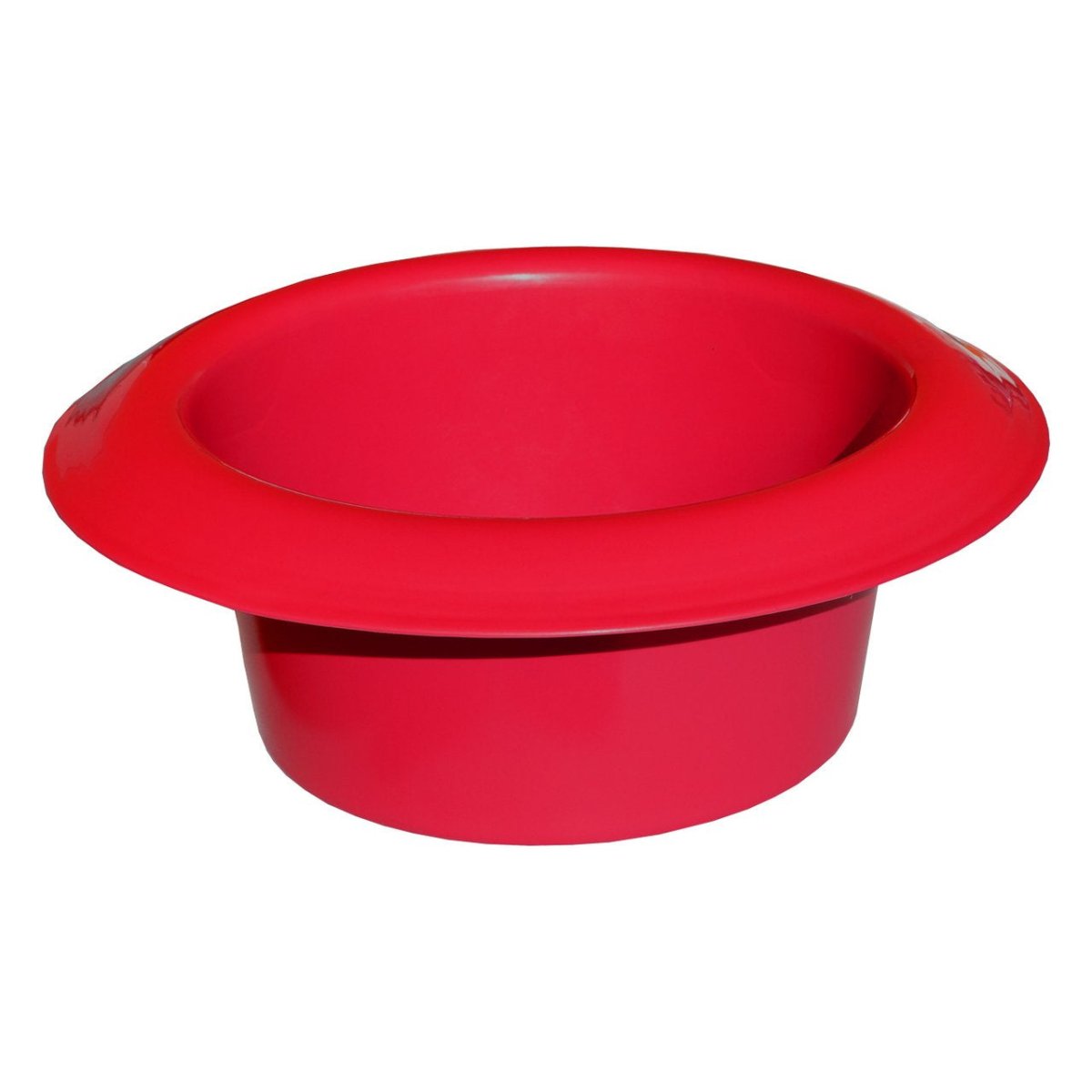 A red, round, 16-quart livestock feeder designed to fit inside a standard rubber tire.