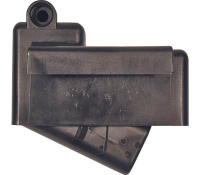A black plastic Rubbermaid float valve for stock tanks.