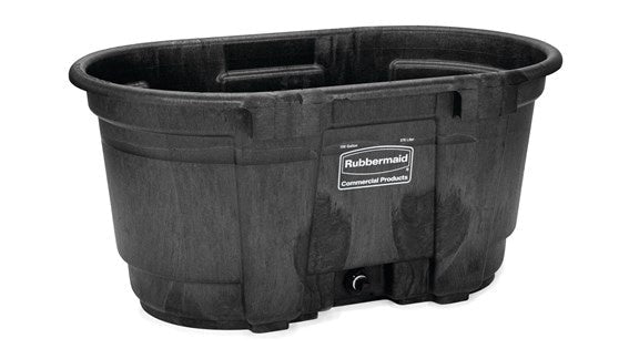 A black, oval-shaped Rubbermaid stock tank with a drain plug and reinforced structural foam walls.