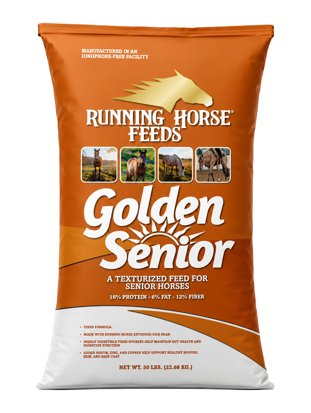 A fifty pound orange bag of Running Horse Feeds Golden Senior, a texturized feed for senior horses.