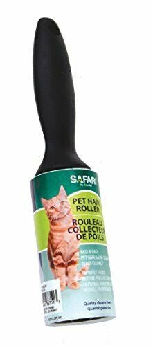 A Safari pet hair roller with a black handle and a label featuring an orange cat.